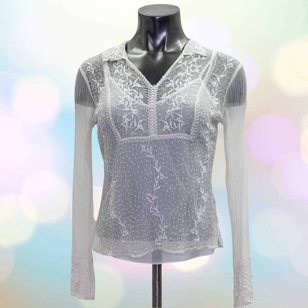 Eci New York Sheer White Floral Lined L/S Blouse - Picture 12 of 12